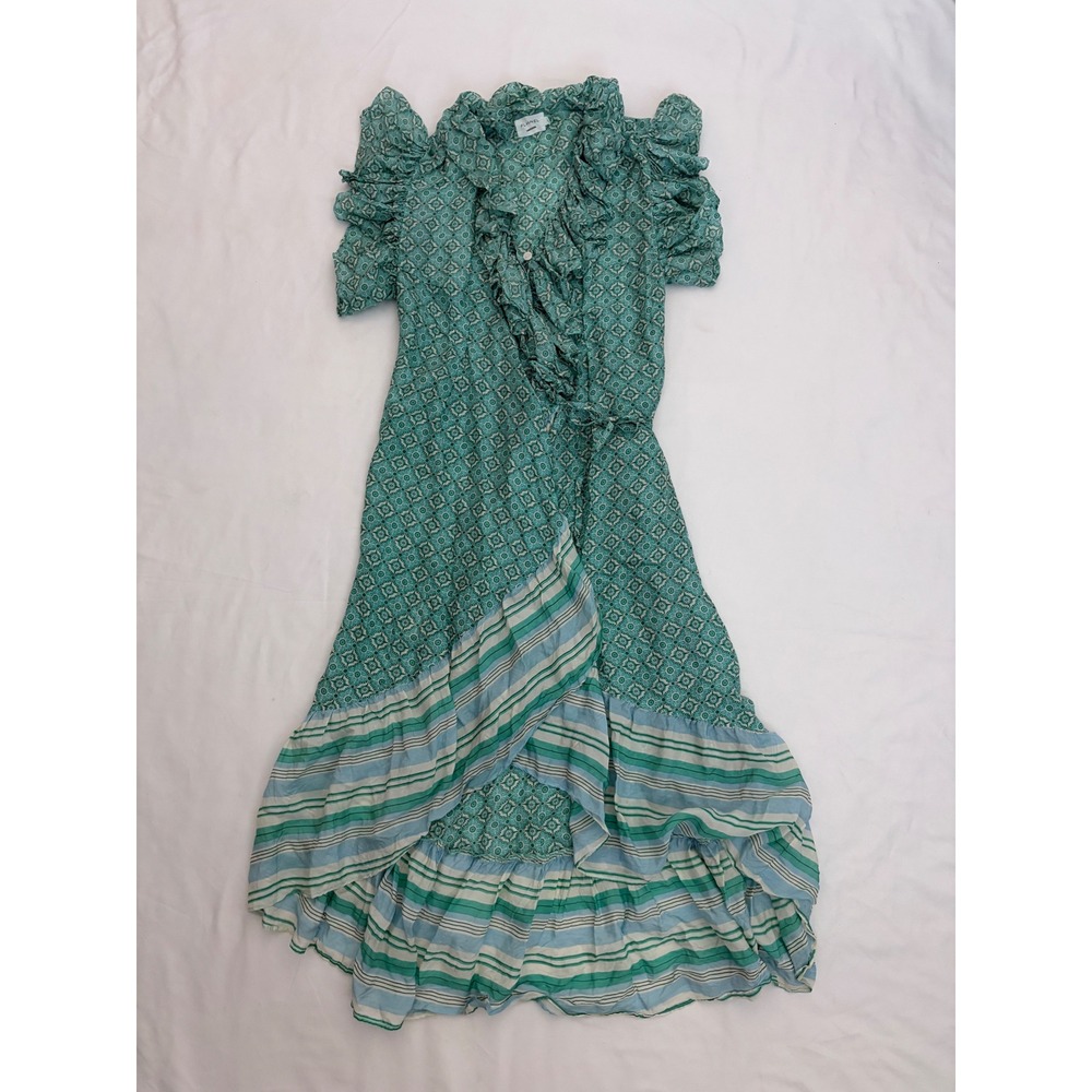 Flannel Silk Wrap Dress Cottagecore Boho Teal Green Geometric Ruffle High-Low 1